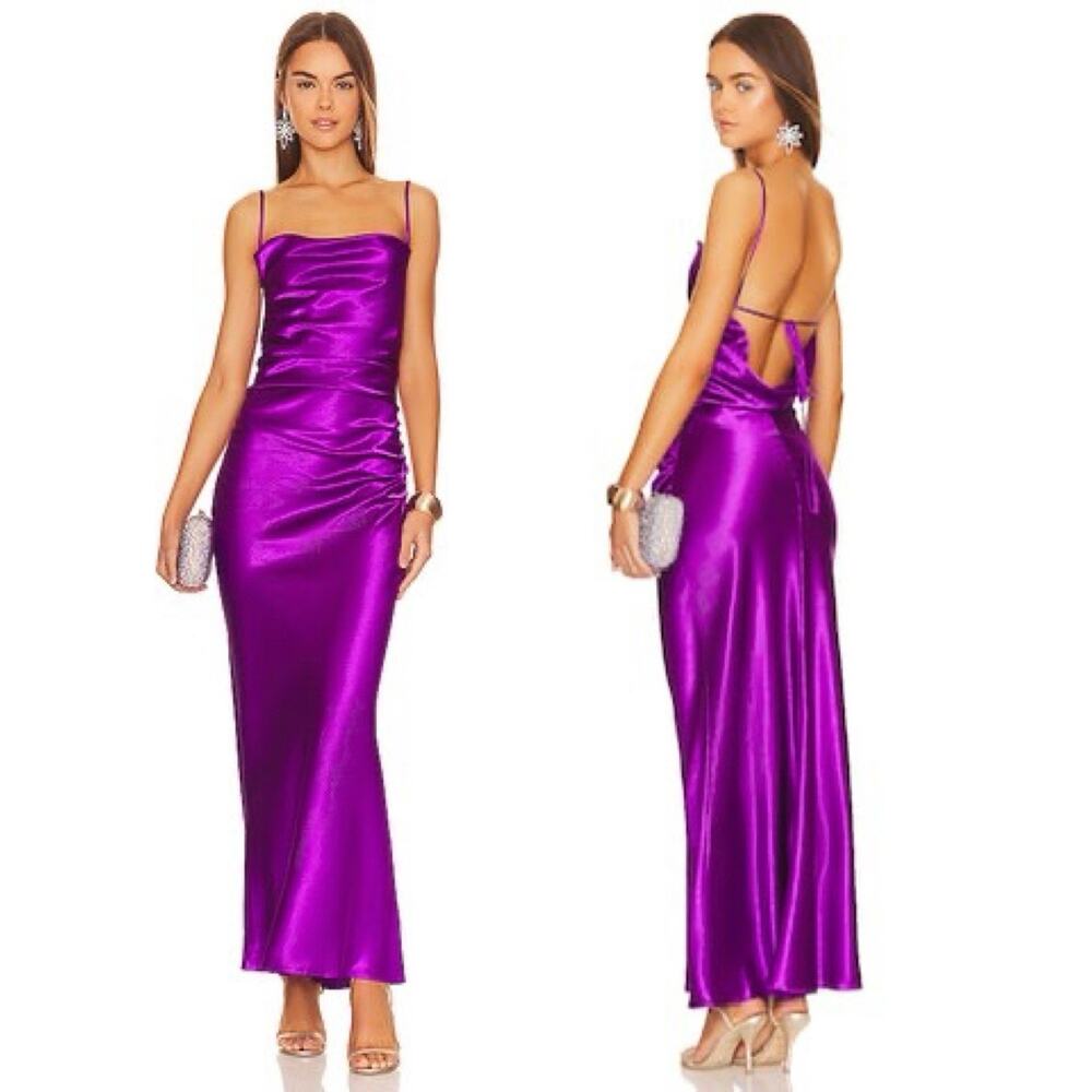 NEW Revolve Superdown Lanthea Satin Maxi Dress XS Purple Cowl Neck Open Back